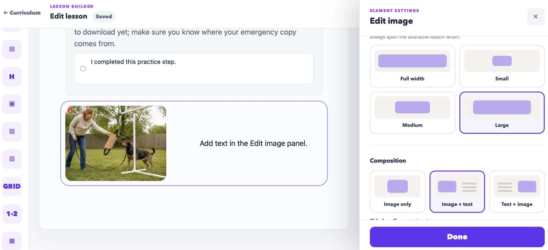 Course Creator Studio lesson builder with the edit image panel open