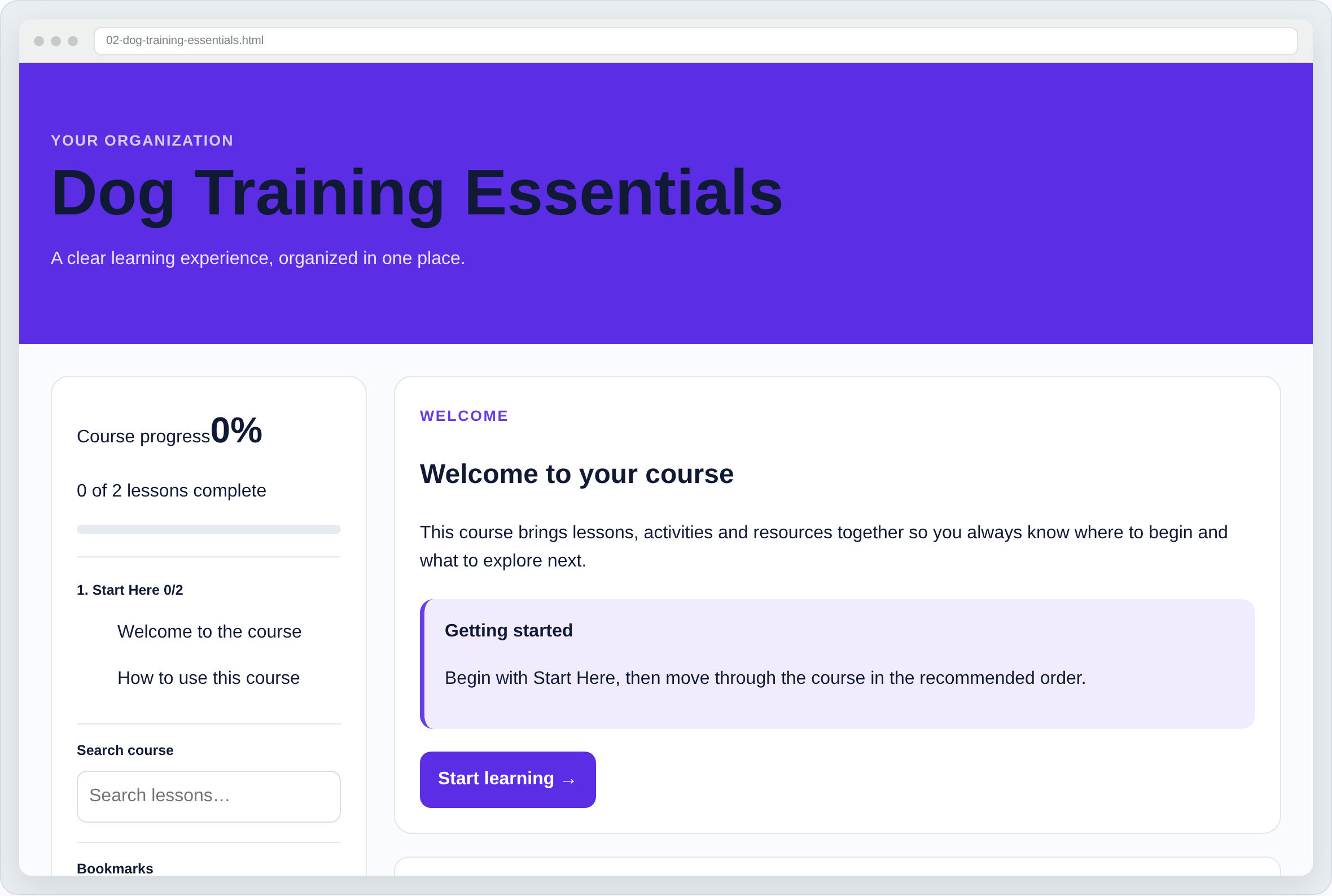 A finished course built for a client, branded and ready to hand over