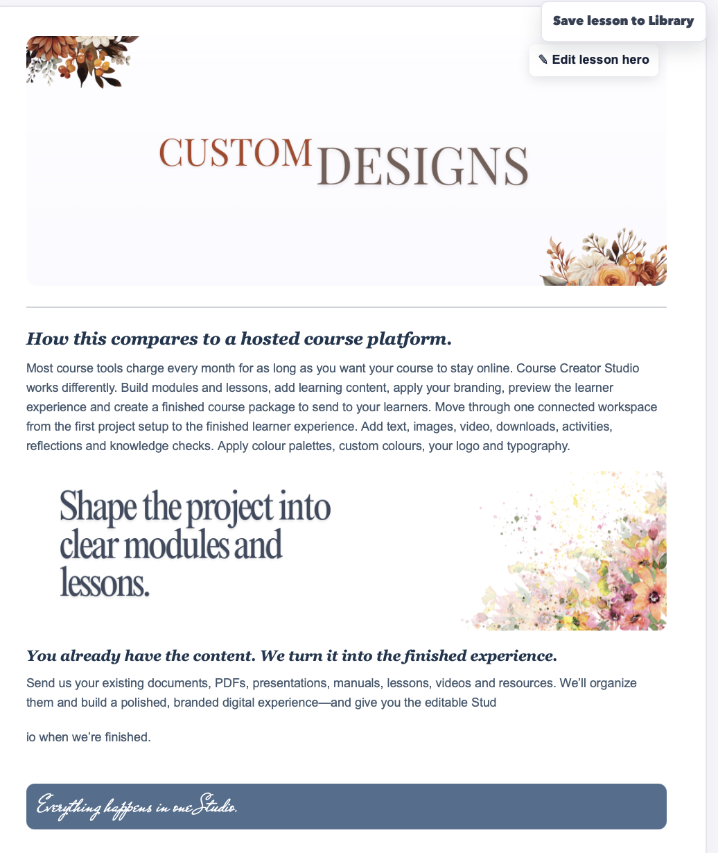 Finished learner course with custom floral branding, module navigation and welcome lesson